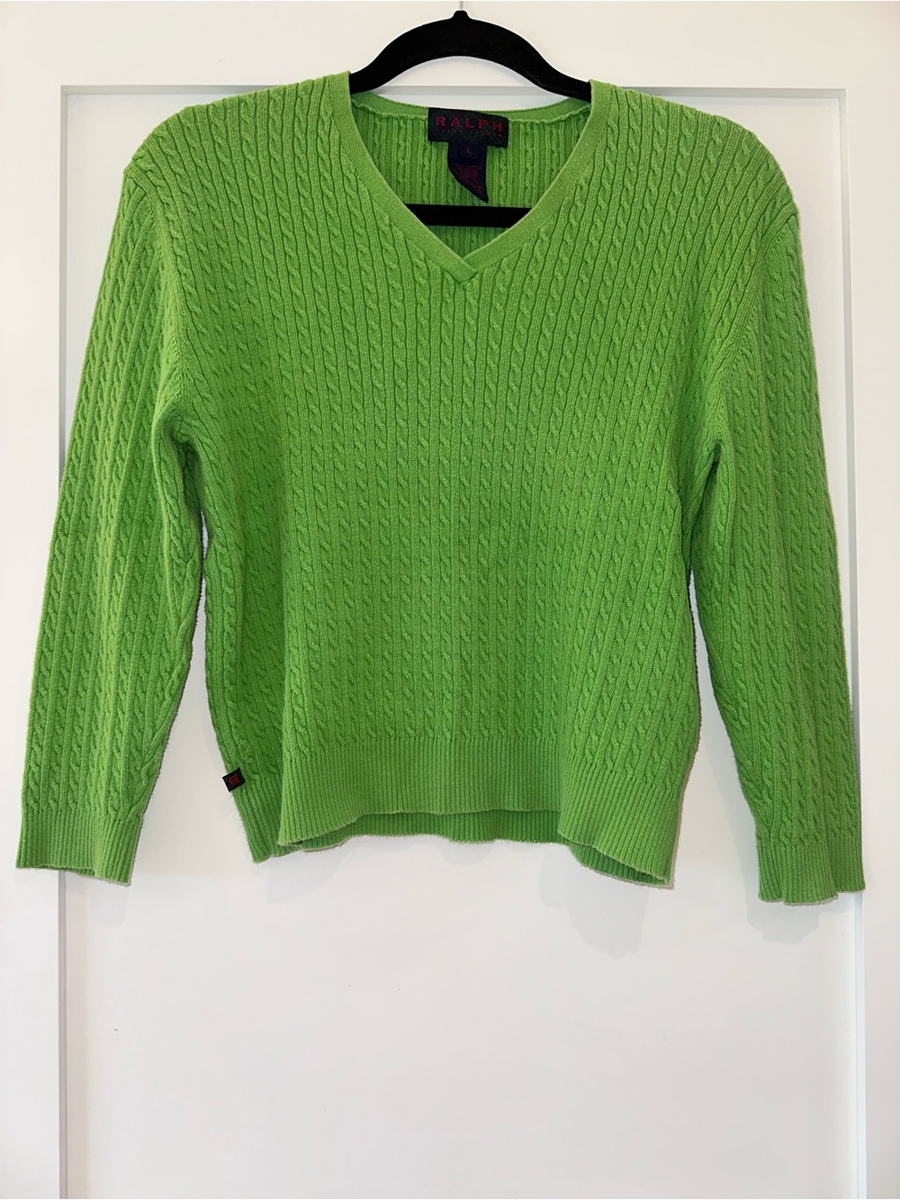 Ralph Lauren Women’s V-Neck Cable Knit Sweater in Bright Green 3/4 length sleeve